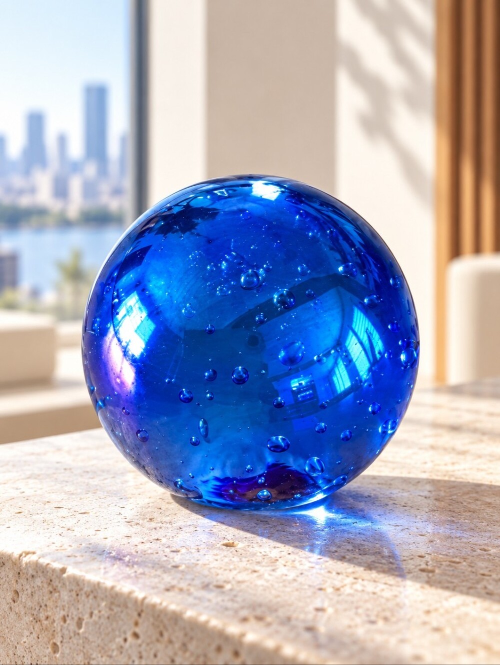 Vintage Cobalt Blue Art Glass Bubble Orb Paperweight 3" Hand Blown Style